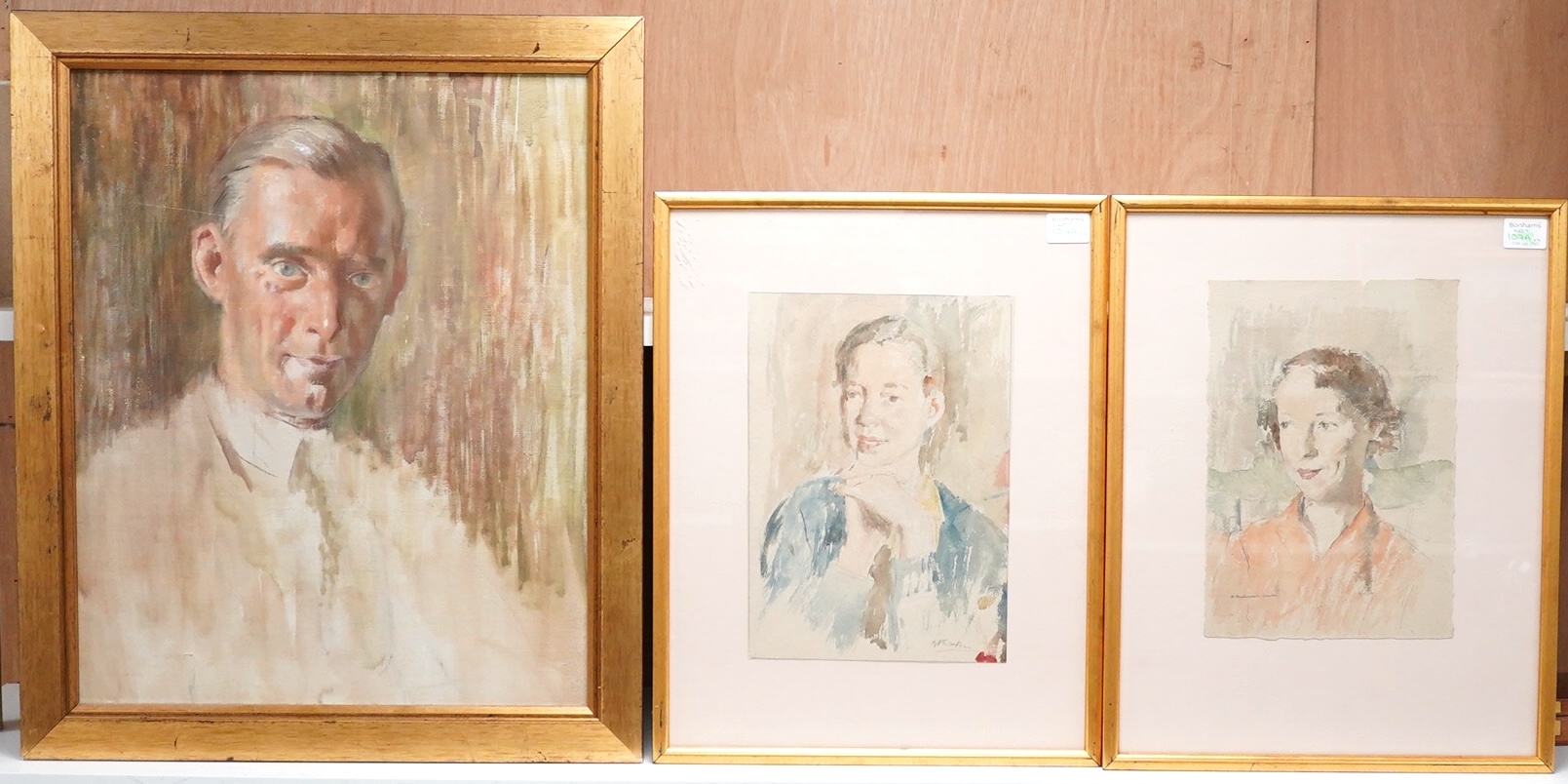 Bernard Fleetwood-Walker (1893-1965), Portrait of a gentleman, oil on canvas board, together with two watercolour studies of ladies, each signed, largest 53 x 42cm